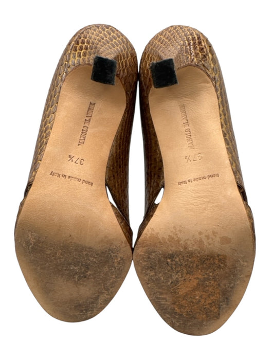 Manolo Blahnik Shoe Size 37.5 Gold Leather Upper Snakeskin Cutouts Pumps Gold / 37.5