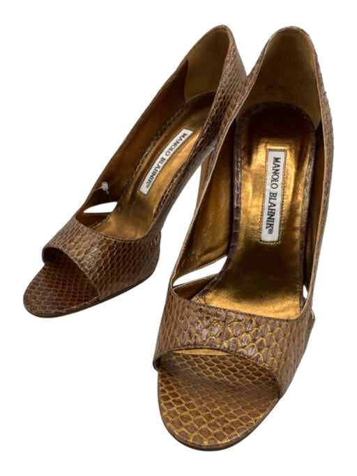 Manolo Blahnik Shoe Size 37.5 Gold Leather Upper Snakeskin Cutouts Pumps Gold / 37.5
