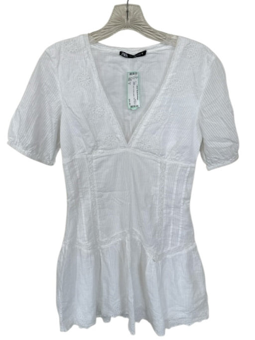 Zara Size S White Lace V Neck pleats Mini Dress White / S
