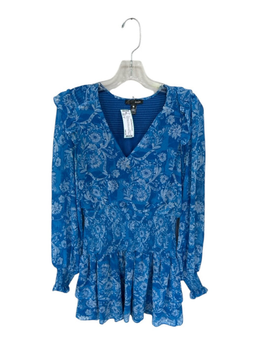 Aqua Size S Blue & White Polyester Long Balloon Sleeve Botanical Dress Blue & White / S