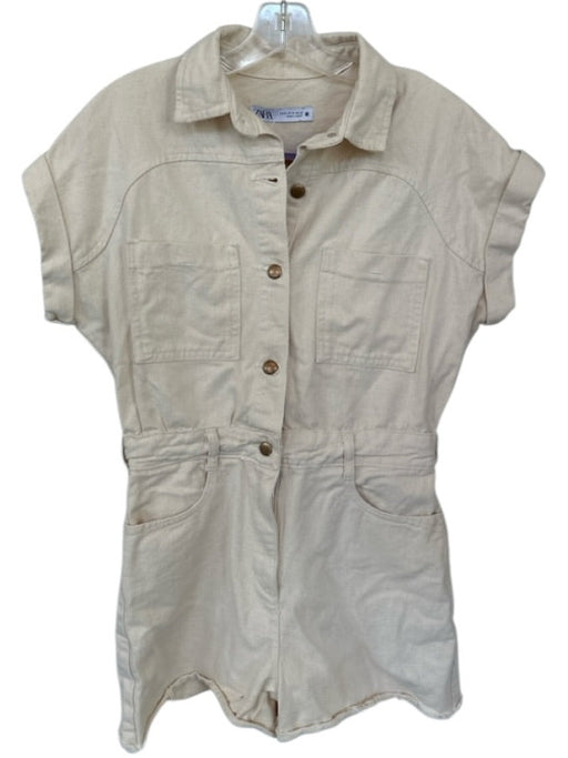 Zara Size M Cream Cotton Short Sleeve Button Down Romper Cream / M