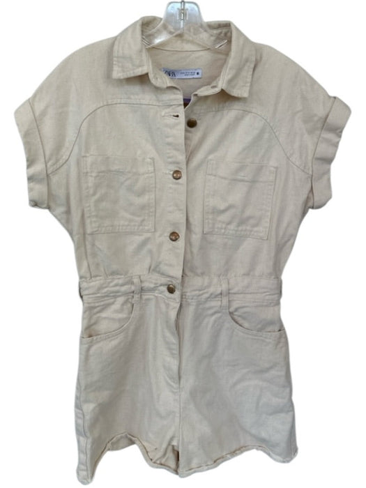Zara Size M Cream Cotton Short Sleeve Button Down Romper Cream / M