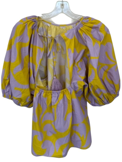 Rhode Size M Purple & Yellow Cotton 3/4 Balloon Sleeve Swirls Back Tie Top Purple & Yellow / M