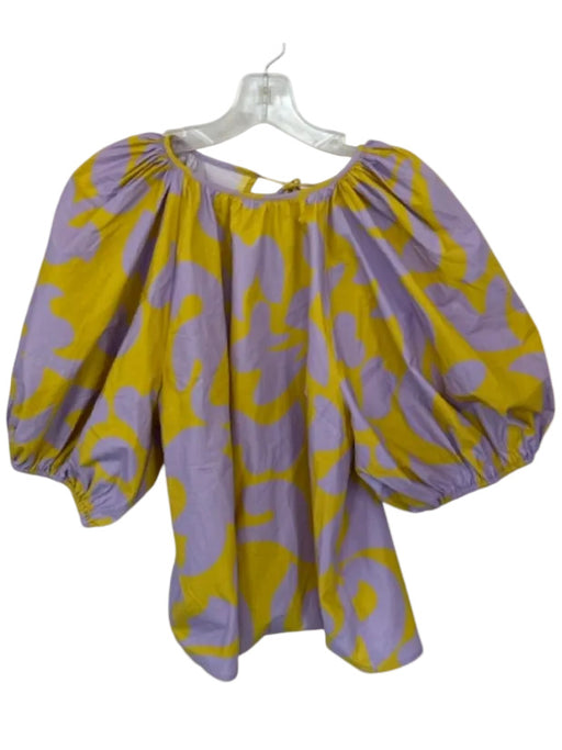 Rhode Size M Purple & Yellow Cotton 3/4 Balloon Sleeve Swirls Back Tie Top Purple & Yellow / M
