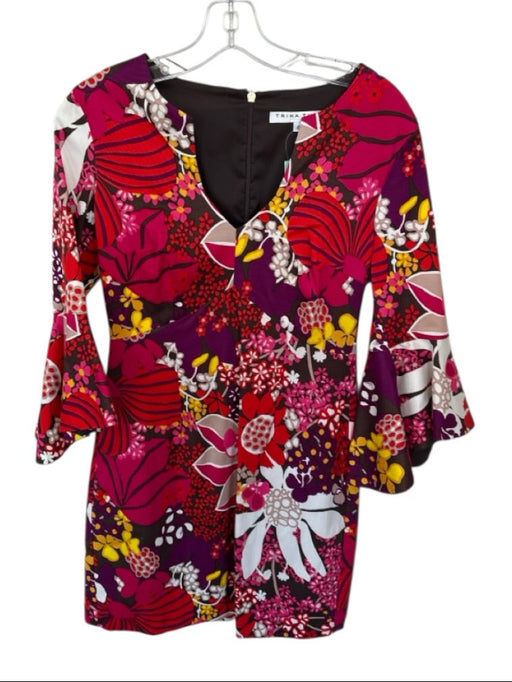 Trina Turk Size 4 Pink & Purple floral Half Sleeve Ruffle V Neck Mini Dress Pink & Purple / 4