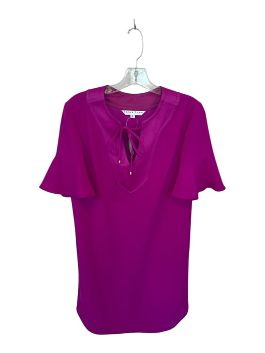Trina Turk Size 2 Magenta Polyester Short Sleeve Ruffle V Neck Tie Dress Magenta / 2
