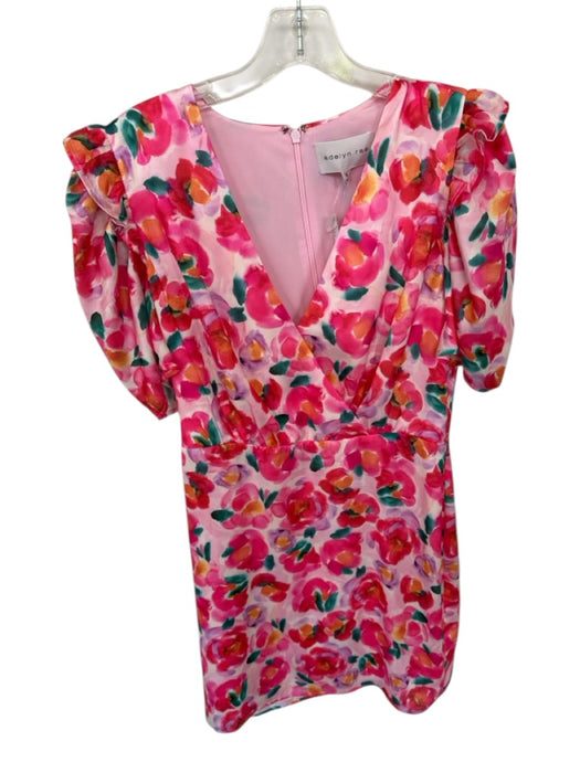 Adelyn Rae Size M Pink & Multi Polyester Floral V Neck Ruffle sleeve Mini Dress Pink & Multi / M