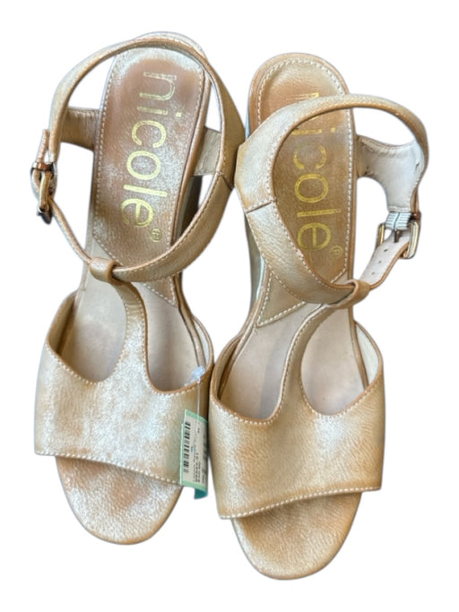 Nicole Shoe Size 8 Camel Leather Wood Block Heel Shimmer Open Toe Heels Camel / 8