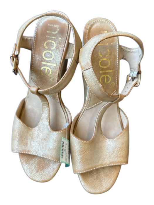 Nicole Shoe Size 8 Camel Leather Wood Block Heel Shimmer Open Toe Heels Camel / 8
