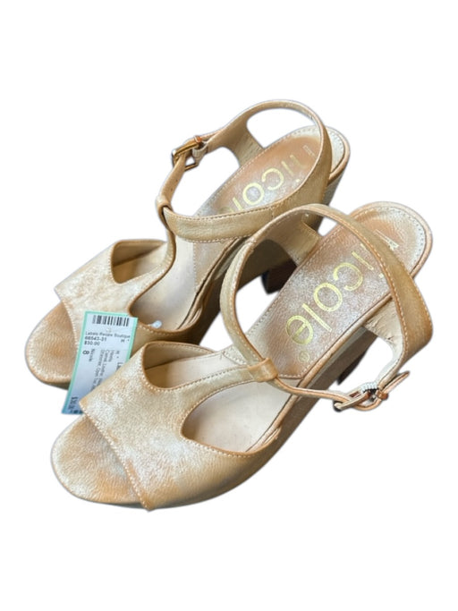 Nicole Shoe Size 8 Camel Leather Wood Block Heel Shimmer Open Toe Heels Camel / 8