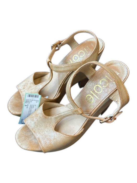 Nicole Shoe Size 8 Camel Leather Wood Block Heel Shimmer Open Toe Heels Camel / 8