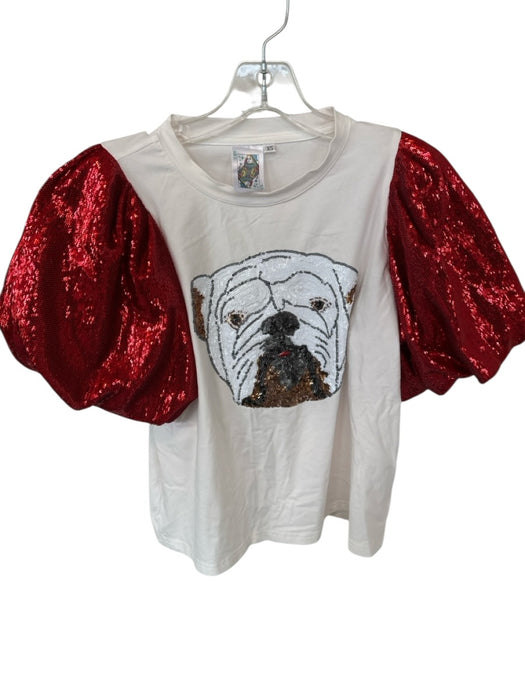 Queen of Sparkles Size XS White & Red Cotton Blend Short Balloon Sleeve Top White & Red / XS