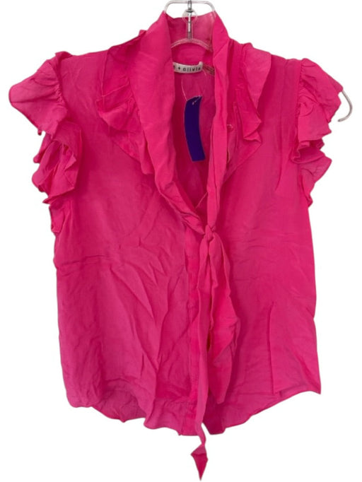 Alice & Olivia Size XS Pink Silk Flutter Sleeves neck tie Button Down Top Pink / XS
