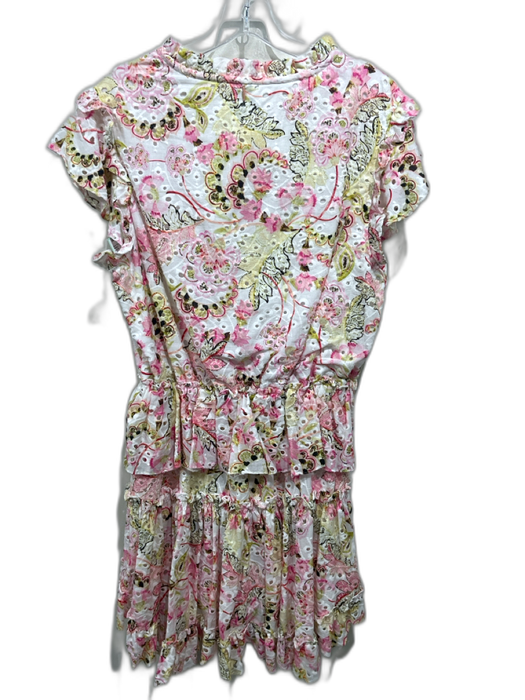 Misa Size L White, Pink, Green Cotton Eyelet Floral Tiered Mini Dress White, Pink, Green / L