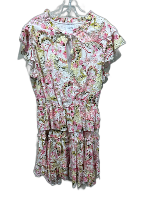 Misa Size L White, Pink, Green Cotton Eyelet Floral Tiered Mini Dress White, Pink, Green / L