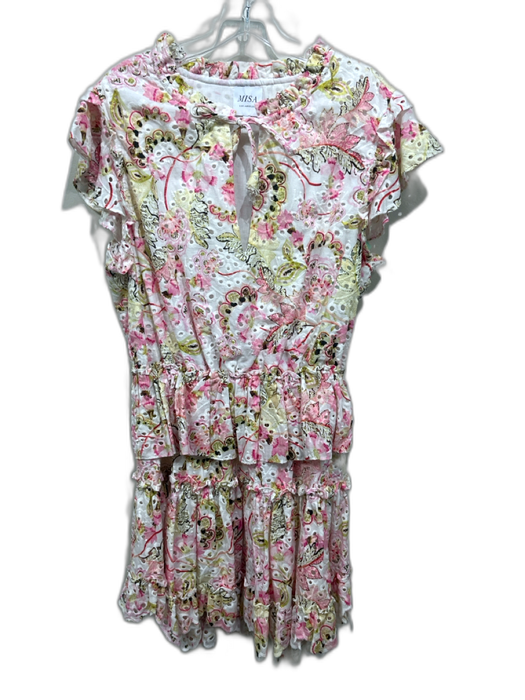 Misa Size L White, Pink, Green Cotton Eyelet Floral Tiered Mini Dress White, Pink, Green / L