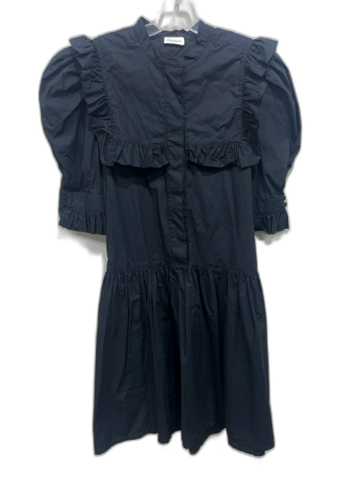 By Malene Birger Size 40 / M Black Cotton Puff Sleeve Ruffle Trim Midi Dress Black / 40 / M