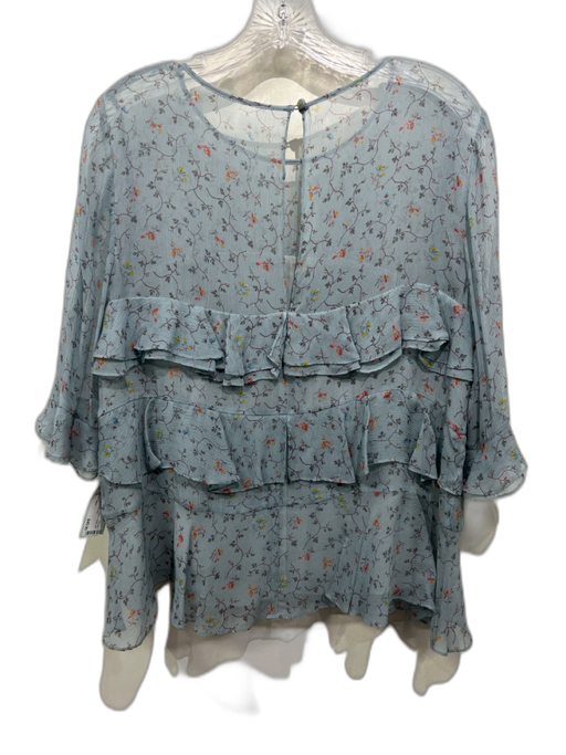 Rebecca Taylor Size 10 Teal Blue & Multi Silk Chiffon Floral 3/4 Sleeve Top Teal Blue & Multi / 10