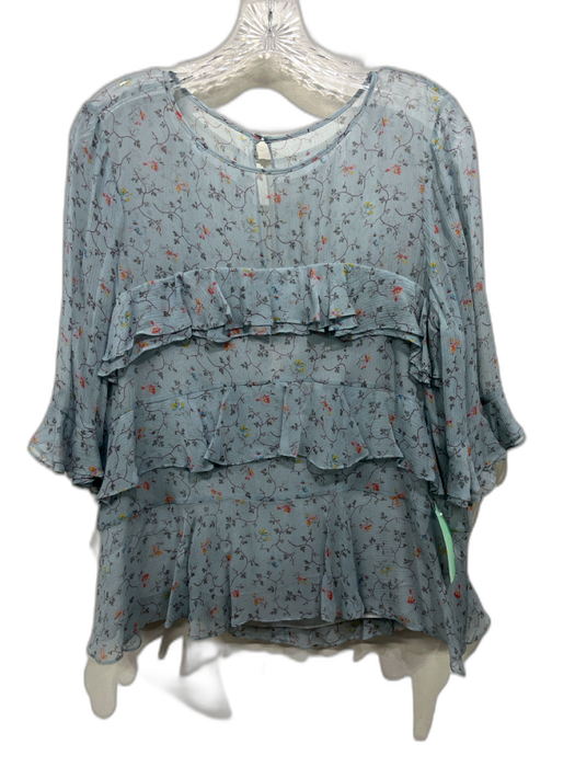Rebecca Taylor Size 10 Teal Blue & Multi Silk Chiffon Floral 3/4 Sleeve Top Teal Blue & Multi / 10
