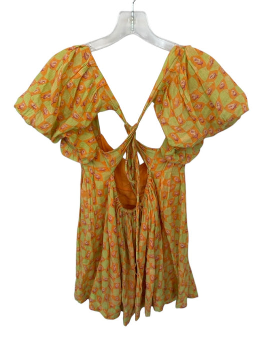 Free People Size M Orange & Green Cotton Mini Puff Sleeve Back Tie Dress Orange & Green / M