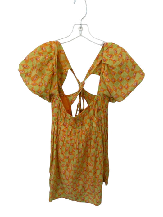 Free People Size M Orange & Green Cotton Mini Puff Sleeve Back Tie Dress Orange & Green / M