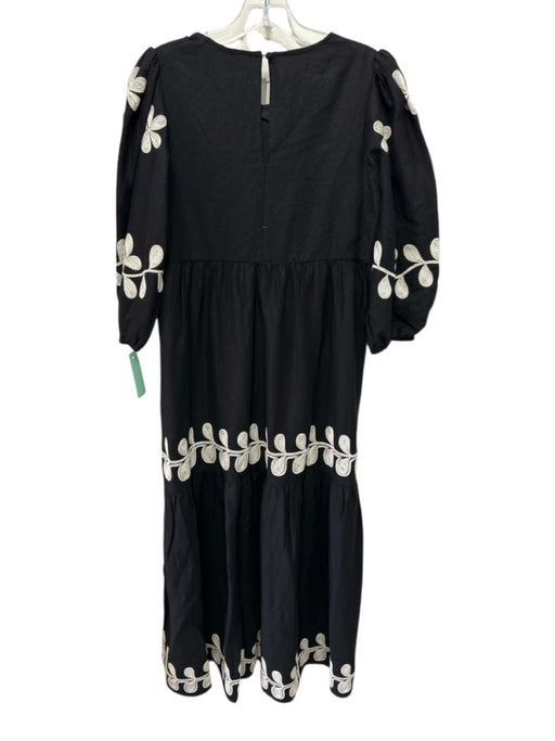 Caroline Constas Size 4 Black & Cream Linen Blend Embroidered Flowers Maxi Dress Black & Cream / 4