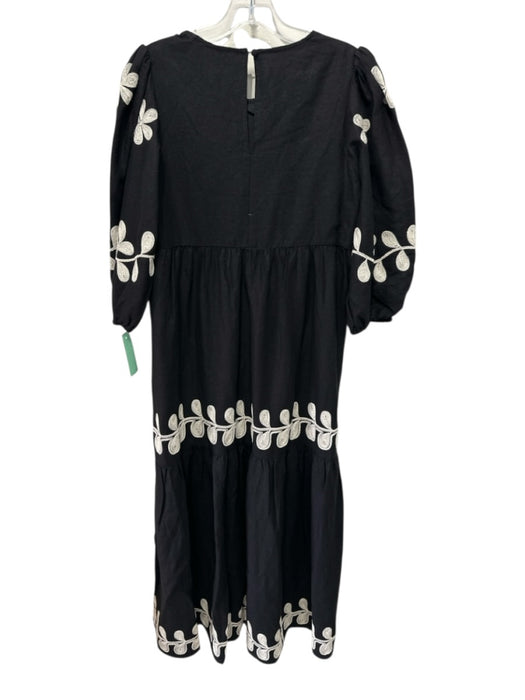 Caroline Constas Size 4 Black & Cream Linen Blend Embroidered Flowers Maxi Dress Black & Cream / 4