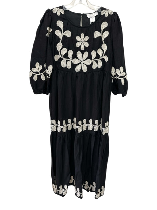 Caroline Constas Size 4 Black & Cream Linen Blend Embroidered Flowers Maxi Dress Black & Cream / 4