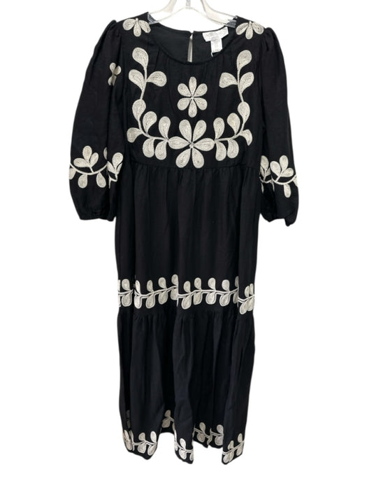 Caroline Constas Size 4 Black & Cream Linen Blend Embroidered Flowers Maxi Dress Black & Cream / 4