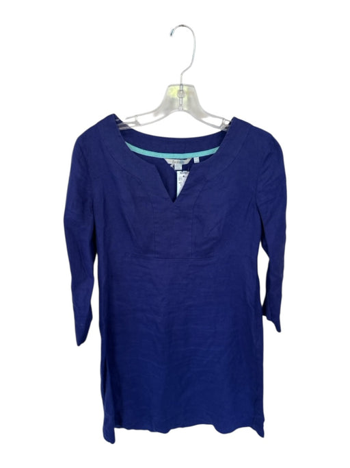 Boden Size 6 Blue Linen Long Sleeve V Neck Dress Blue / 6