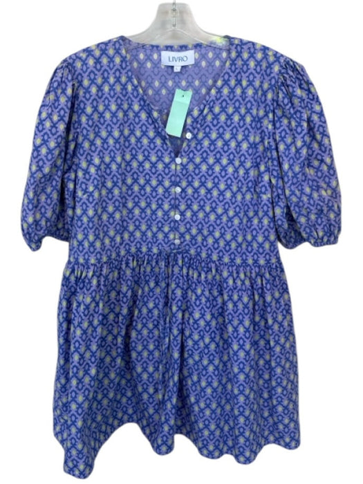 Livro Size L Purple & Green Cotton Puff Sleeves Buttons belt tie Dress Purple & Green / L