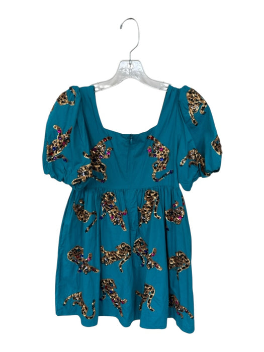 Queen of Sparkles Size XS Teal Cotton Babydoll Sequin Leopard Mini Dress Teal / XS