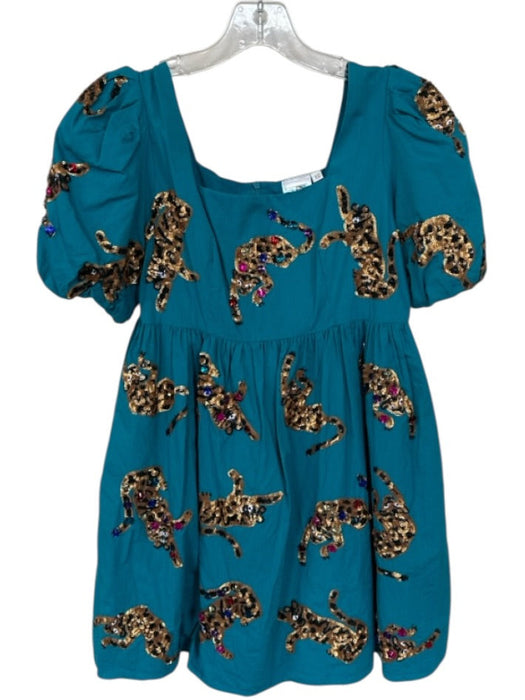 Queen of Sparkles Size XS Teal Cotton Babydoll Sequin Leopard Mini Dress Teal / XS