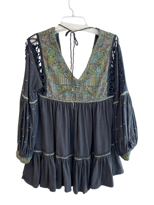 Free People Size S gray & green Cotton Long Sleeve Embroidered Detail V Neck Top gray & green / S