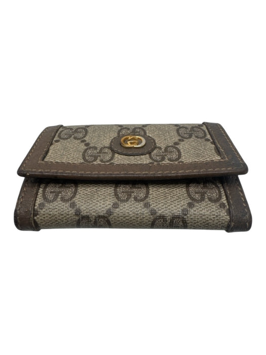 Gucci Beige & Brown Monogram Canvas Button Close Gold Hardware Keyholder Wallets Beige & Brown