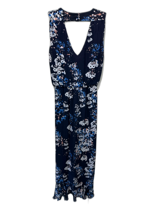 Parker Size M Navy Blue, White, Brown Silk Sleeveless Floral Print V Neck Gown Navy Blue, White, Brown / M