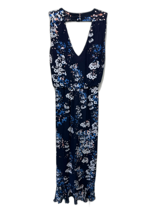 Parker Size M Navy Blue, White, Brown Silk Sleeveless Floral Print V Neck Gown Navy Blue, White, Brown / M