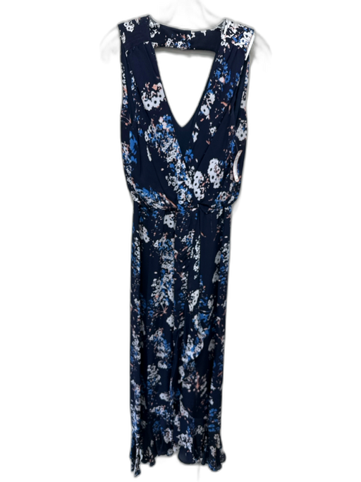 Parker Size M Navy Blue, White, Brown Silk Sleeveless Floral Print V Neck Gown Navy Blue, White, Brown / M