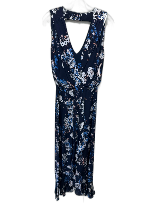Parker Size M Navy Blue, White, Brown Silk Sleeveless Floral Print V Neck Gown Navy Blue, White, Brown / M