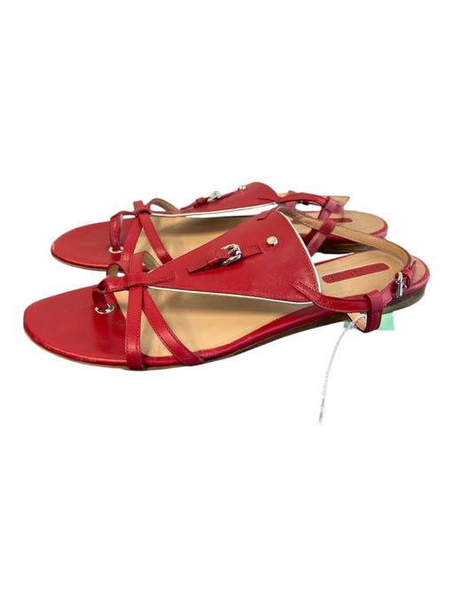 Longchamp Shoe Size 41 Red Leather Silver Hardware Flat T Strap Sandal Shoes Red / 41