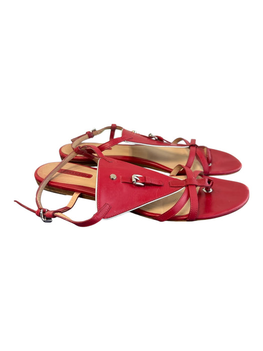 Longchamp Shoe Size 41 Red Leather Silver Hardware Flat T Strap Sandal Shoes Red / 41