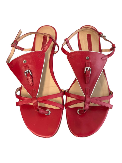Longchamp Shoe Size 41 Red Leather Silver Hardware Flat T Strap Sandal Shoes Red / 41