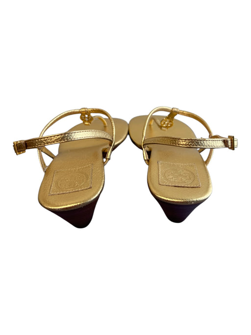 Tory Burch Shoe Size 10.5 Gold Leather gold logo T Strap Wedge Wood Heel Shoes Gold / 10.5