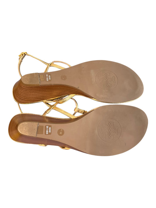 Tory Burch Shoe Size 10.5 Gold Leather gold logo T Strap Wedge Wood Heel Shoes Gold / 10.5