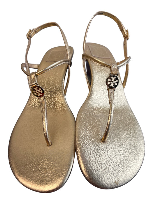 Tory Burch Shoe Size 10.5 Gold Leather gold logo T Strap Wedge Wood Heel Shoes Gold / 10.5