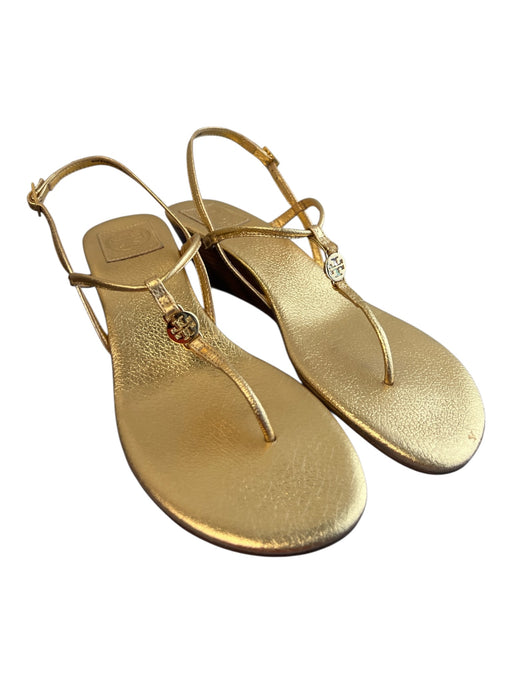 Tory Burch Shoe Size 10.5 Gold Leather gold logo T Strap Wedge Wood Heel Shoes Gold / 10.5