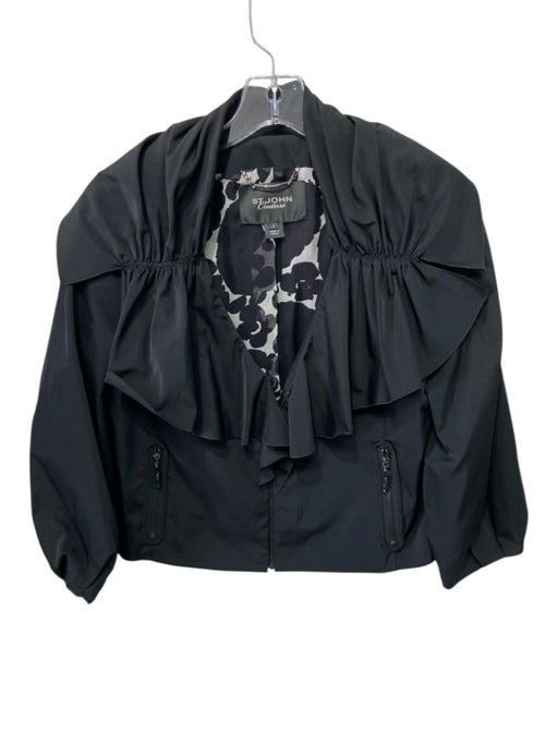 St John Couture Size 4 Black Polyester Gathered Zip Pocket Front Zip Jacket Black / 4