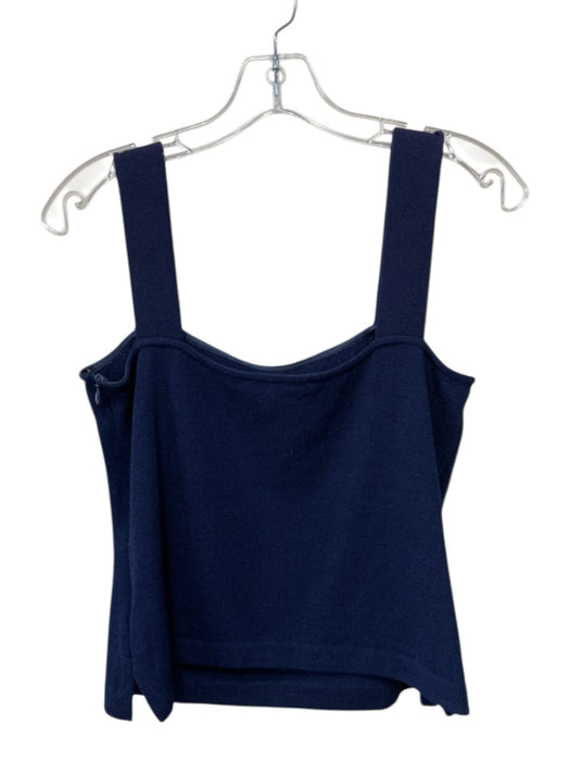 St John Size P Navy Blue Wool Blend Knit Gold Tone Hardware Square Neck Top Navy Blue / P