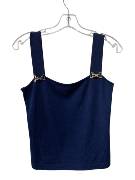 St John Size P Navy Blue Wool Blend Knit Gold Tone Hardware Square Neck Top Navy Blue / P