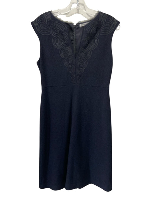 St John Couture Size 4 Navy Blue & Black Wool Blend Embroidered Detail Dress Navy Blue & Black / 4